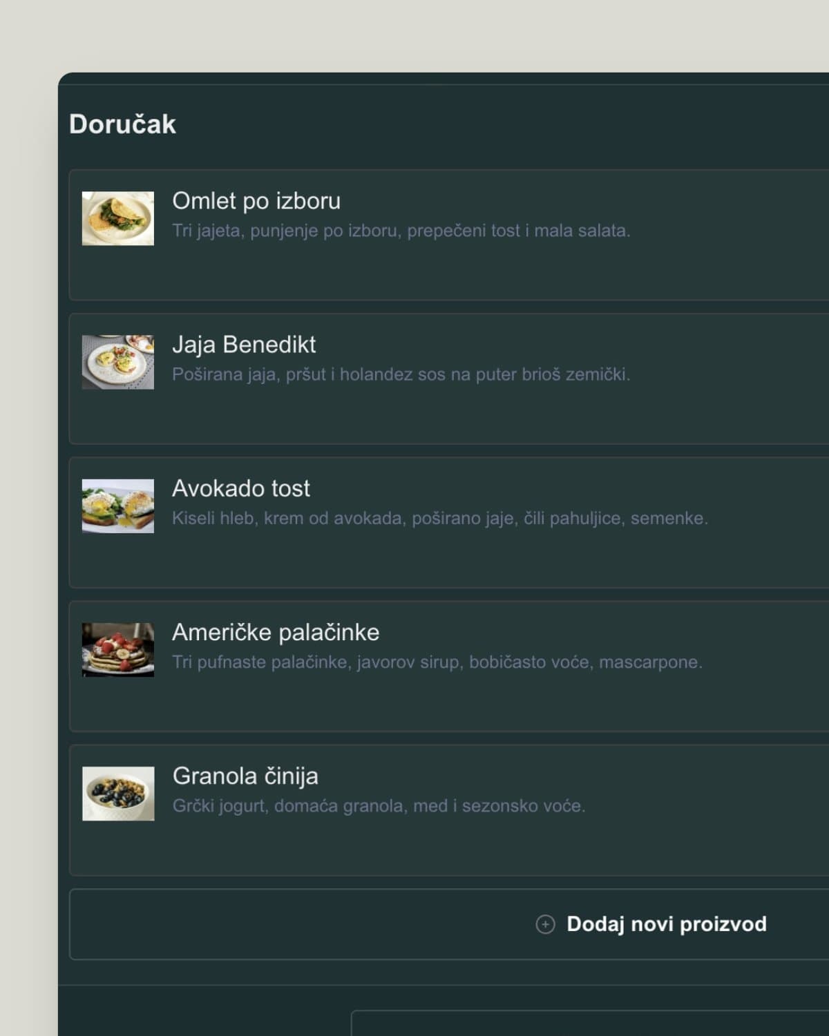 Menu editor: Breakfast category with items, descriptions and photos