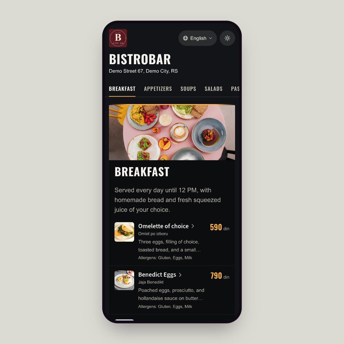 Digital menu in the Gimny theme on a phone